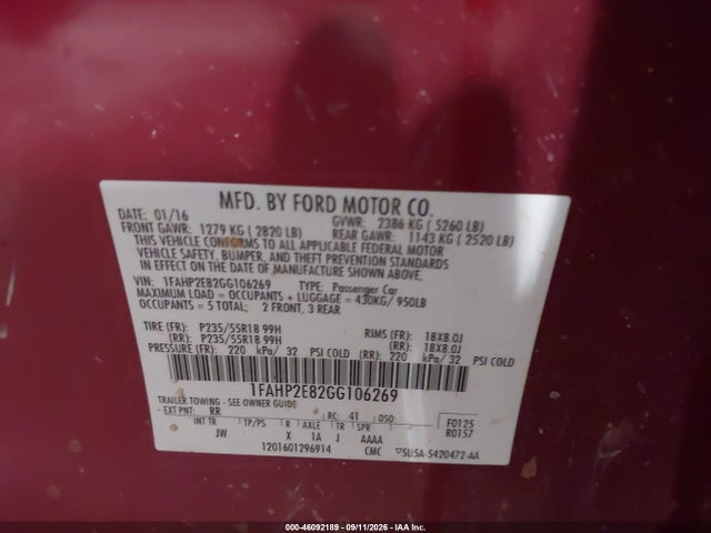 46092189 :رقم المزاد ، 1FAHP2E82GG106269 vin ، 2016 Ford Taurus Sel مزاد بيع
