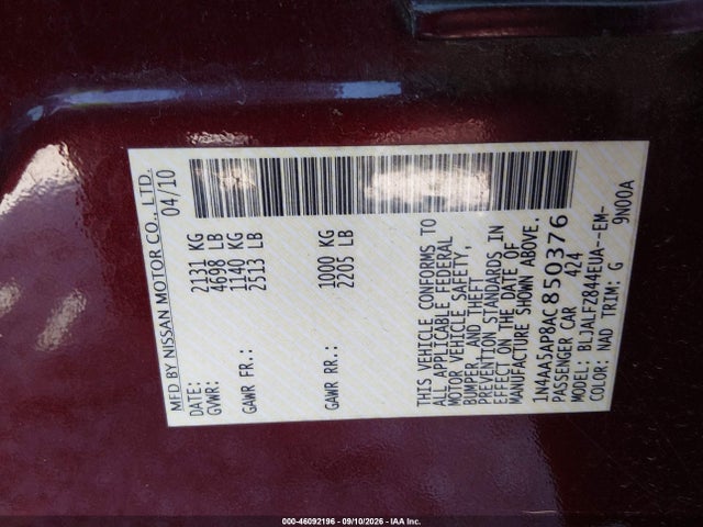 Продажа на аукционе авто 2010 Nissan Maxima 3.5 Sv, vin: 1N4AA5AP8AC850376, номер лота: 46092196