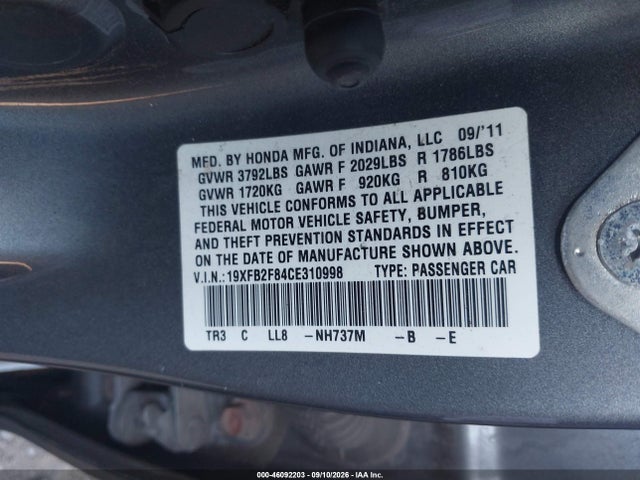 Aukcja sprzedaży 2012 Honda Civic Ex, vin: 19XFB2F84CE310998, numer aukcji: 46092203
