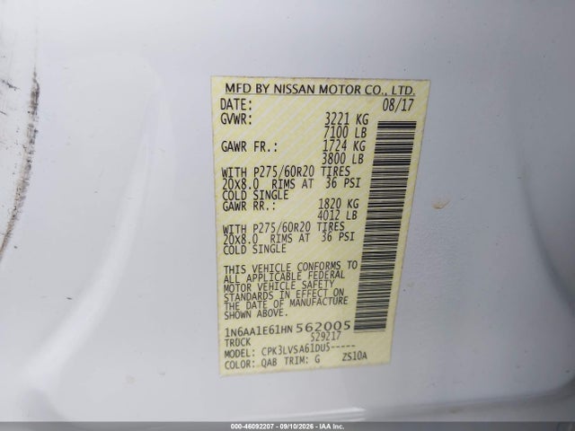 46092207 :رقم المزاد ، 1N6AA1E61HN562005 vin ، 2017 Nissan Titan Sl مزاد بيع