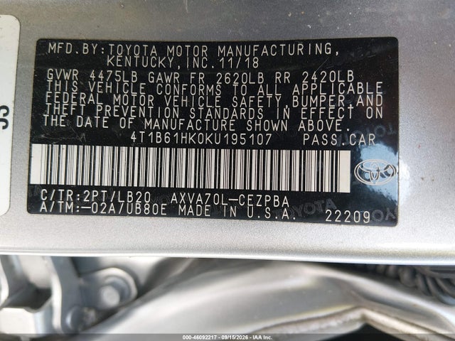 Aukcja sprzedaży 2019 Toyota Camry Xse, vin: 4T1B61HK0KU195107, numer aukcji: 46092217