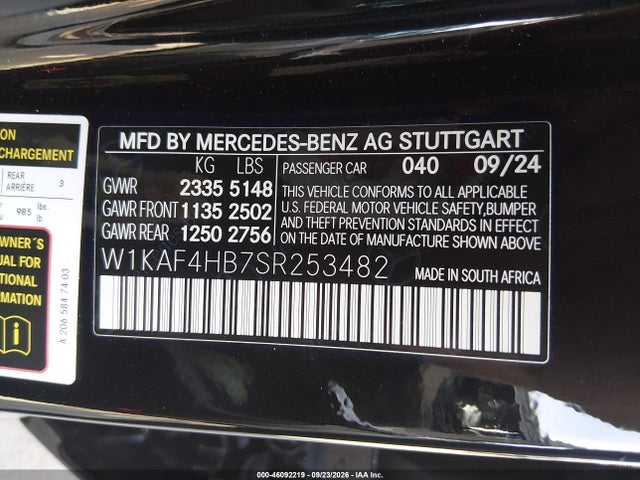 Aukcja sprzedaży 2025 Mercedes-benz C 300, vin: W1KAF4HB7SR253482, numer aukcji: 46092219
