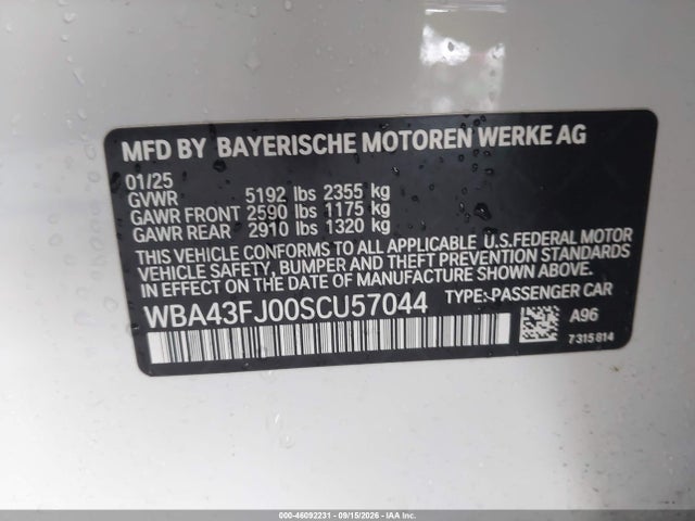 Aukcja sprzedaży 2025 Bmw 530i, vin: WBA43FJ00SCU57044, numer aukcji: 46092231