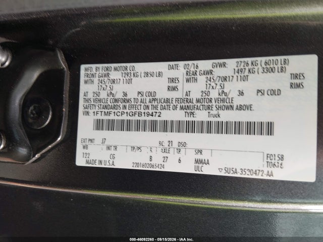 46092260 :رقم المزاد ، 1FTMF1CP1GFB19472 vin ، 2016 Ford F-150 Xl مزاد بيع