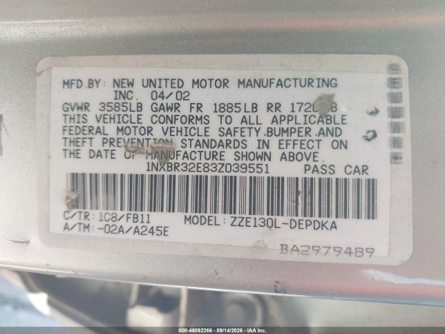 2003 Toyota Corolla Ce მანქანა იყიდება აუქციონზე, vin: 1NXBR32E83Z039551, აუქციონის ნომერი: 46092266