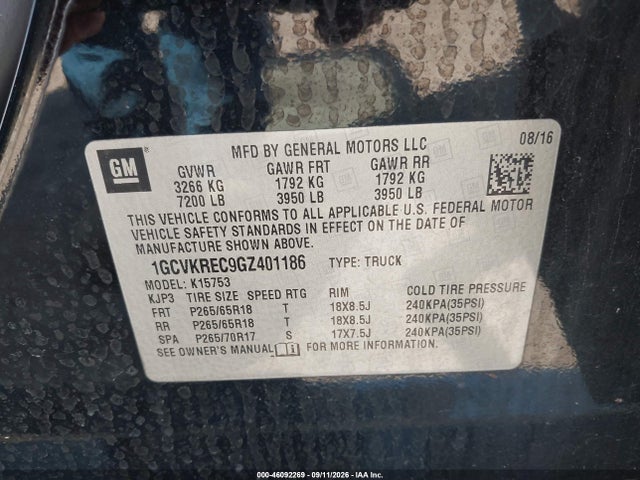 Продажа на аукционе авто 2016 Chevrolet Silverado 1500 2lt, vin: 1GCVKREC9GZ401186, номер лота: 46092269