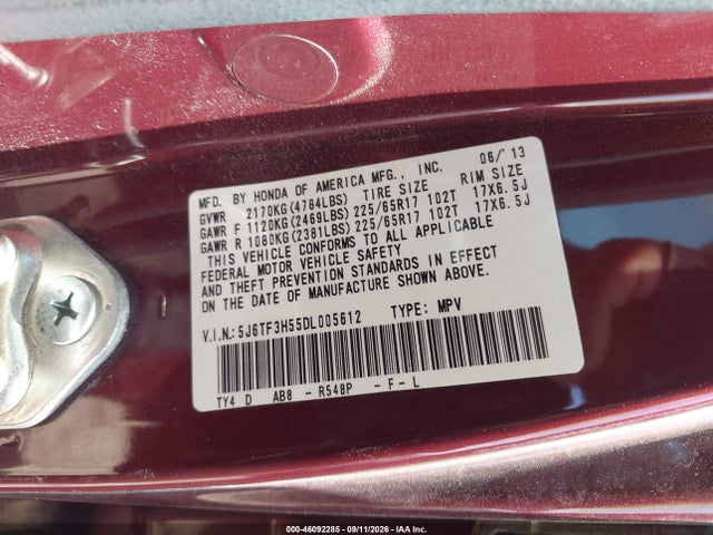 2013 Honda Crosstour Ex-l მანქანა იყიდება აუქციონზე, vin: 5J6TF3H55DL005612, აუქციონის ნომერი: 46092285