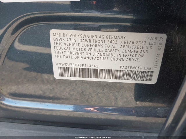 46092291 :رقم المزاد ، WVWCU73C76P143642 vin ، 2006 Volkswagen Passat 3.6 مزاد بيع