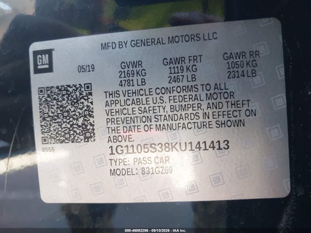 Aukcja sprzedaży 2019 Chevrolet Impala Premier, vin: 1G1105S38KU141413, numer aukcji: 46092296
