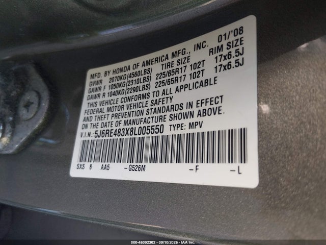 2008 Honda Cr-v Lx მანქანა იყიდება აუქციონზე, vin: 5J6RE483X8L005550, აუქციონის ნომერი: 46092302