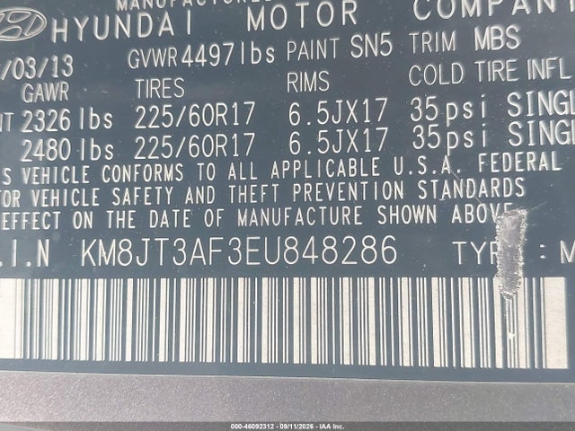 KM8JT3AF3EU848286 Hyundai TUCSON GLS