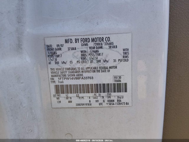 46092316 :رقم المزاد ، 1FTPW14V88FA33703 vin ، 2008 Ford F-150 60th Anniversary/fx4/king Ranch/lariat/xlt مزاد بيع