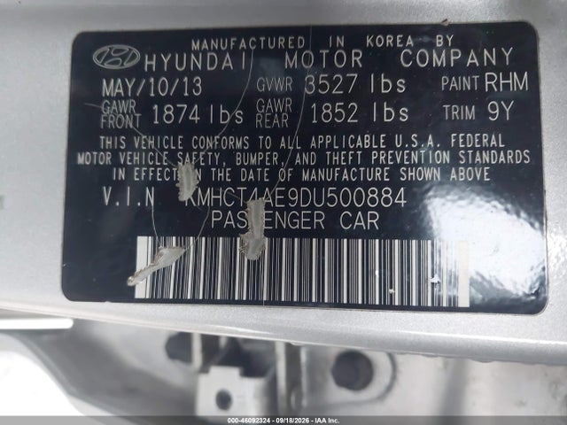 2013 Hyundai Accent Gls მანქანა იყიდება აუქციონზე, vin: KMHCT4AE9DU500884, აუქციონის ნომერი: 46092324