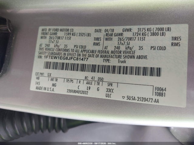 Продаж на аукціоні авто 2018 Ford F-150 Xlt, vin: 1FTEW1EG8JFC81477, номер лоту: 46092330