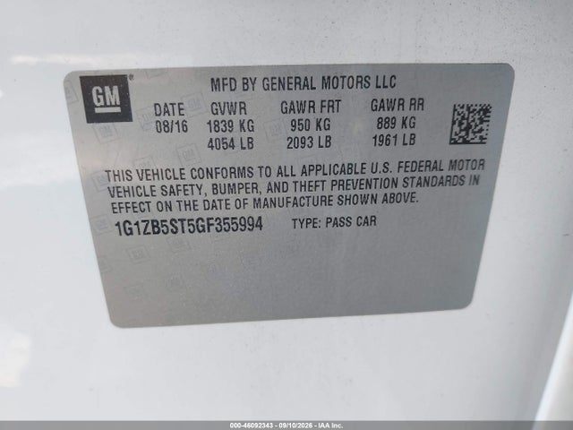 Aukcja sprzedaży 2016 Chevrolet Malibu Ls, vin: 1G1ZB5ST5GF355994, numer aukcji: 46092343