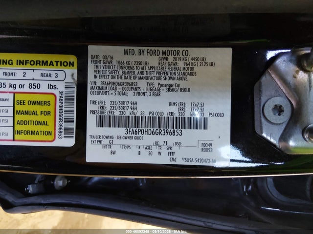 Ford FUSION SE 2016 3FA6P0HD6GR396853 Image 9
