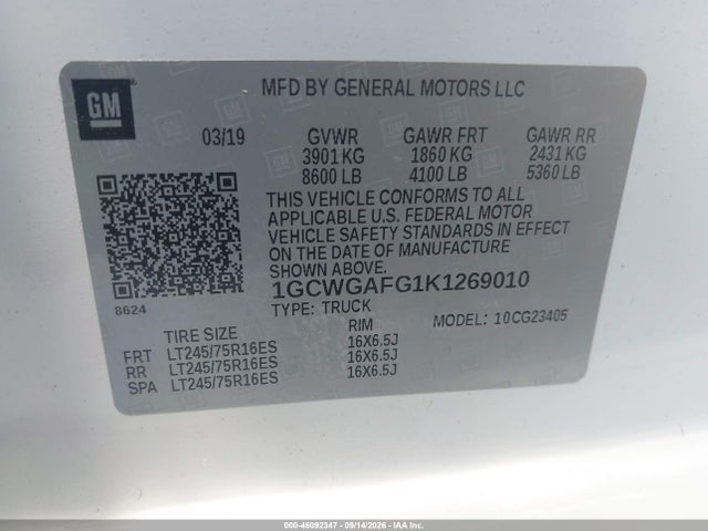 46092347 :رقم المزاد ، 1GCWGAFG1K1269010 vin ، 2019 Chevrolet Express 2500 Work Van مزاد بيع