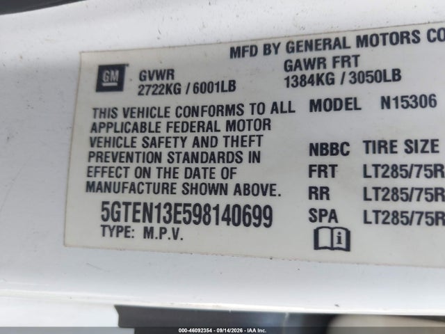 46092354 :رقم المزاد ، 5GTEN13E598140699 vin ، 2009 Hummer H3 Suv مزاد بيع