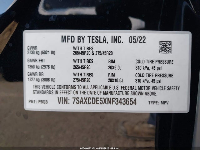 2022 Tesla Model X Dual Motor All-wheel Drive/plaid Tri Motor All-wheel Drive მანქანა იყიდება აუქციონზე, vin: 7SAXCDE5XNF343654, აუქციონის ნომერი: 46092371