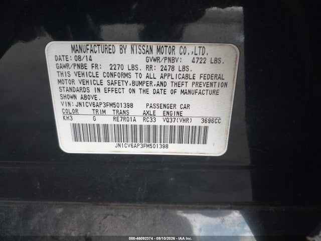 Aukcja sprzedaży 2015 Infiniti Q40, vin: JN1CV6AP3FM501398, numer aukcji: 46092374