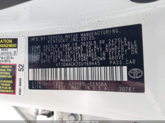 46092390 :رقم المزاد ، 4T1DAACK2SU169445 vin ، 2025 Toyota Camry Se مزاد بيع