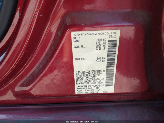46092428 :رقم المزاد ، 1N4AL3AP3FC420602 vin ، 2015 Nissan Altima 2.5/2.5 S/2.5 Sl/2.5 Sv مزاد بيع