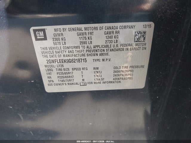 Продажа на аукционе авто 2016 Chevrolet Equinox Ls, vin: 2GNFLEEK9G6218715, номер лота: 46092431