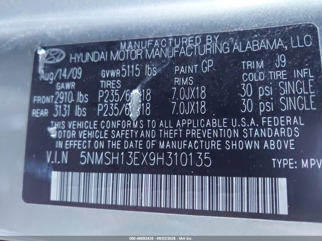 Продаж на аукціоні авто 2009 Hyundai Santa Fe Limited, vin: 5NMSH13EX9H310135, номер лоту: 46092435