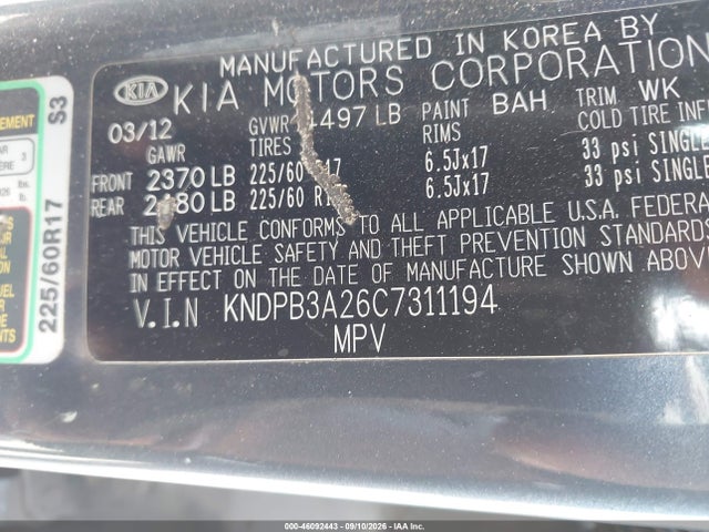 Aukcja sprzedaży 2012 Kia Sportage Lx, vin: KNDPB3A26C7311194, numer aukcji: 46092443