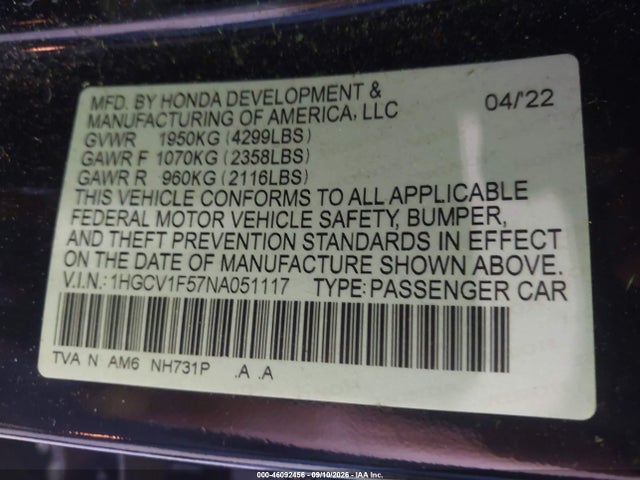 2022 Honda Accord Ex-l მანქანა იყიდება აუქციონზე, vin: 1HGCV1F57NA051117, აუქციონის ნომერი: 46092456