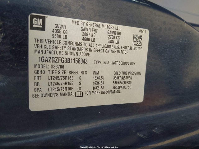 46092491 :رقم المزاد ، 1GAZGZFG3B1158043 vin ، 2011 Chevrolet Express 3500 Ls مزاد بيع