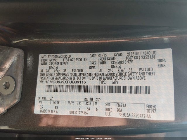 Aukcja sprzedaży 2015 Ford Escape Titanium, vin: 1FMCU9J9XFUB39116, numer aukcji: 46092493
