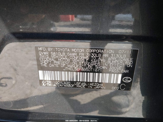 2011 Lexus Ls 460 მანქანა იყიდება აუქციონზე, vin: JTHCL5EF8B5011671, აუქციონის ნომერი: 46092494