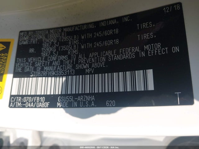 Продаж на аукціоні авто 2019 Toyota Highlander Le, vin: 5TDBZRFH9KS953113, номер лоту: 46092508