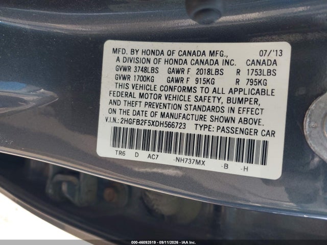 Продажа на аукционе авто 2013 Honda Civic Lx, vin: 2HGFB2F5XDH566723, номер лота: 46092519
