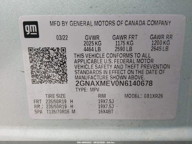 46092522 :رقم المزاد ، 2GNAXMEV0N6140678 vin ، 2022 Chevrolet Equinox Fwd Rs مزاد بيع