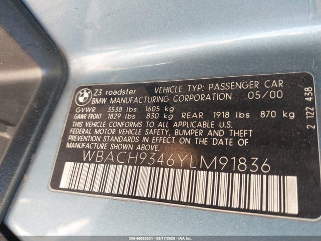 Продаж на аукціоні авто 2000 Bmw Z3 2.3, vin: WBACH9346YLM91836, номер лоту: 46092531