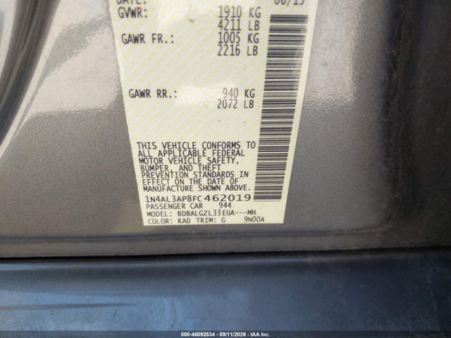 Aukcja sprzedaży 2015 Nissan Altima 2.5 S, vin: 1N4AL3AP8FC462019, numer aukcji: 46092534