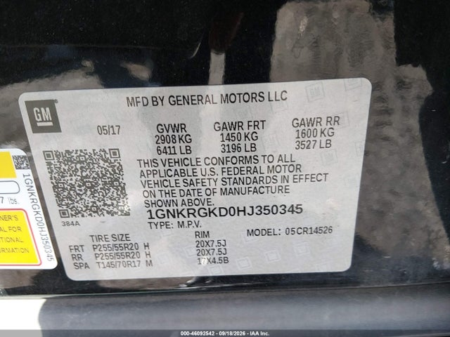 46092542 :رقم المزاد ، 1GNKRGKD0HJ350345 vin ، 2017 Chevrolet Traverse 1lt مزاد بيع