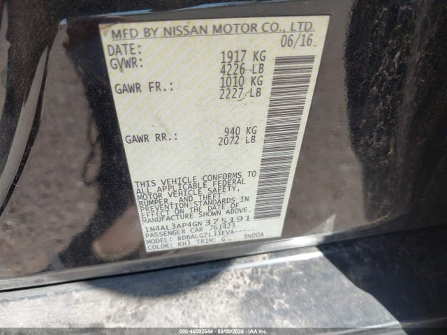 Aukcja sprzedaży 2016 Nissan Altima 2.5/2.5 S/2.5 Sl/2.5 Sr/2.5 Sv, vin: 1N4AL3AP4GN375191, numer aukcji: 46092544