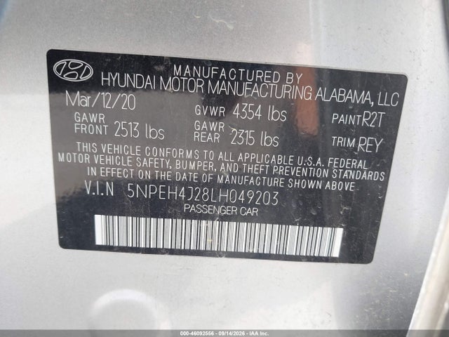 Aukcja sprzedaży 2020 Hyundai Sonata Limited, vin: 5NPEH4J28LH049203, numer aukcji: 46092556