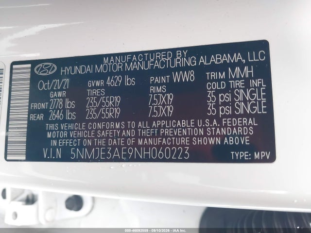 Aukcja sprzedaży 2022 Hyundai Tucson Limited, vin: 5NMJE3AE9NH060223, numer aukcji: 46092559