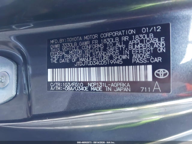 46092573 :رقم المزاد ، JTDJTUD34CD519945 vin ، 2012 Toyota Yaris Le مزاد بيع