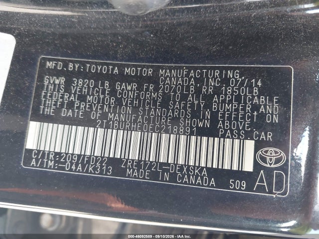 46092589 :رقم المزاد ، 2T1BURHE0EC218891 vin ، 2014 Toyota Corolla S Plus مزاد بيع