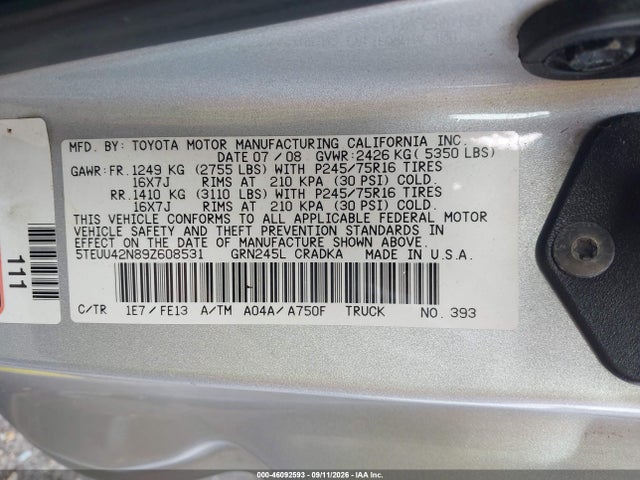 Aukcja sprzedaży 2009 Toyota Tacoma Base V6, vin: 5TEUU42N89Z608531, numer aukcji: 46092593