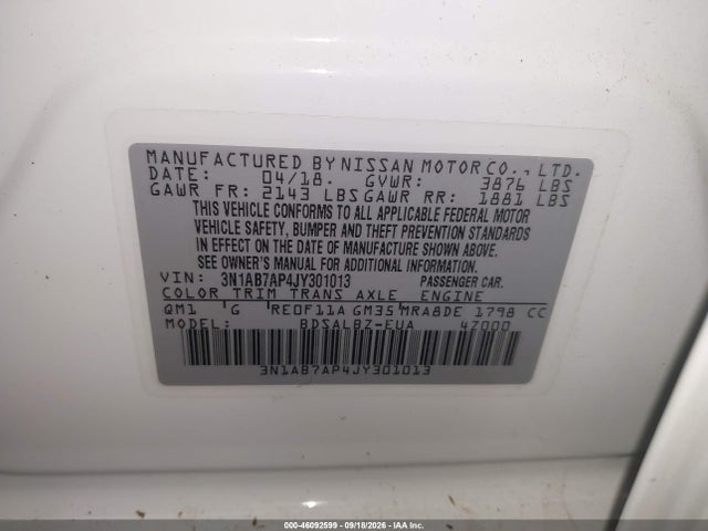 Продажа на аукционе авто 2018 Nissan Sentra S, vin: 3N1AB7AP4JY301013, номер лота: 46092599