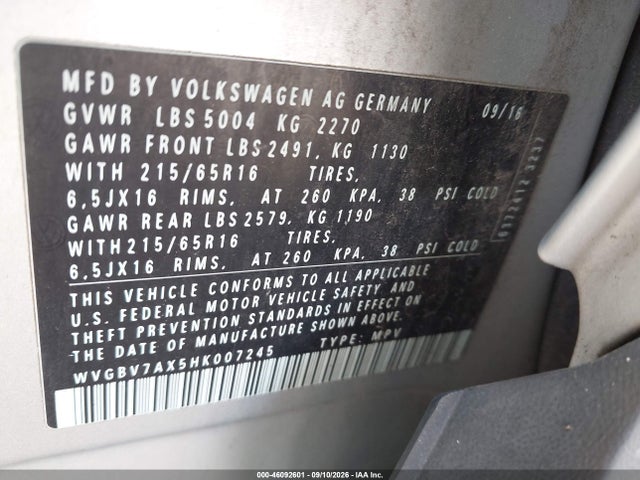 Продажа на аукционе авто 2017 Volkswagen Tiguan 2.0t/2.0t S, vin: WVGBV7AX5HK007245, номер лота: 46092601