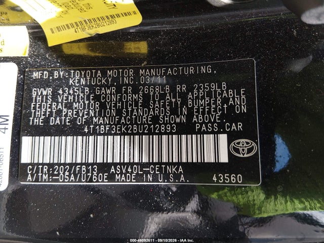 46092611 :رقم المزاد ، 4T1BF3EK2BU212893 vin ، 2011 Toyota Camry Le مزاد بيع