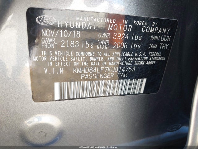 Продаж на аукціоні авто 2019 Hyundai Elantra Limited, vin: KMHD84LF7KU814753, номер лоту: 46092612
