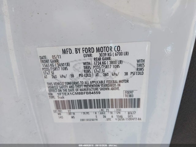 Продаж на аукціоні авто 2011 Ford F-150 Xlt, vin: 1FTEX1CM8BFB84559, номер лоту: 46092615